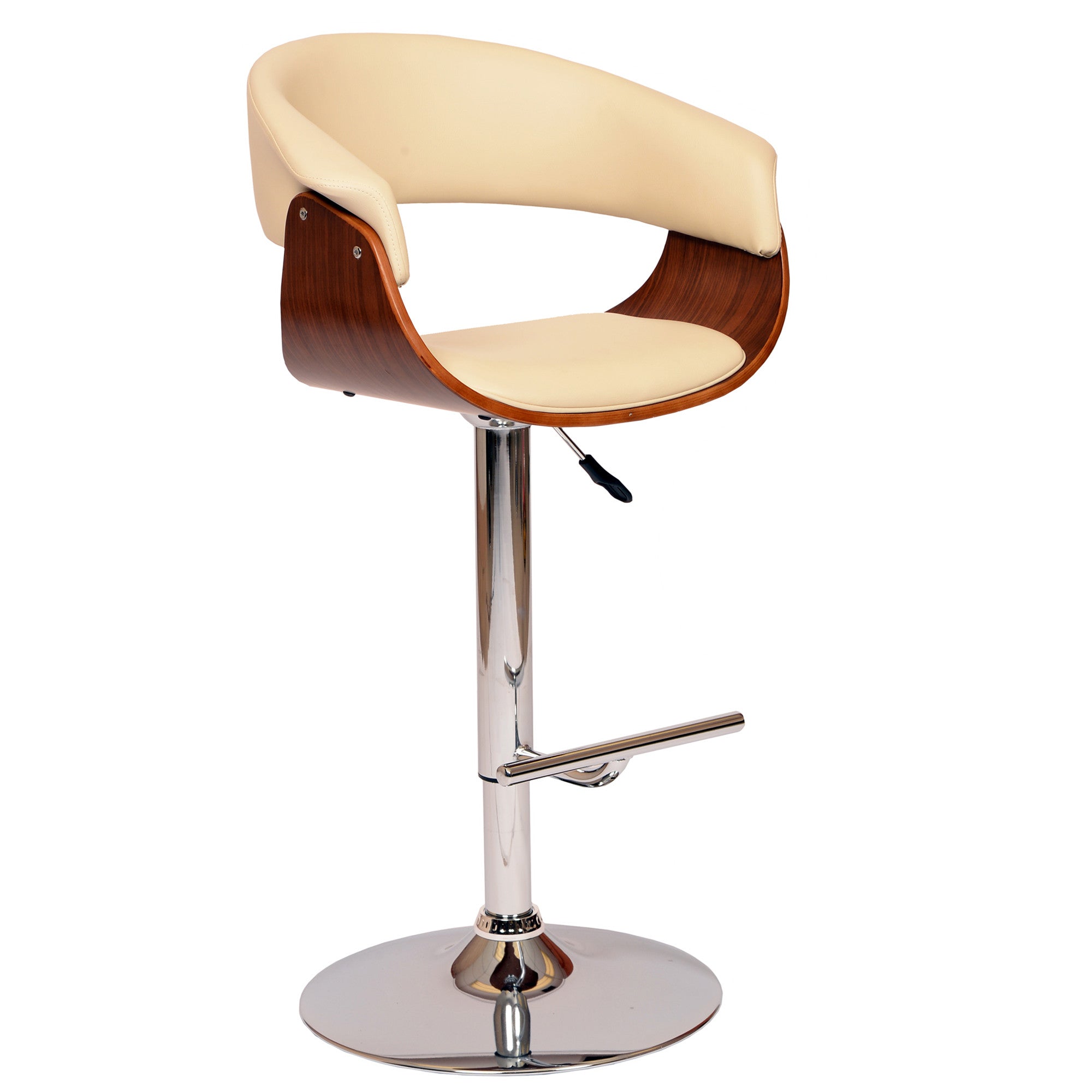 44" Cream And Silver Faux Leather And Solid Wood Swivel Low Back Adjustable Height Bar Chair With Footrest