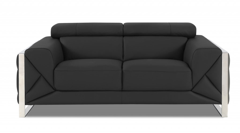 75" Dark Gray Italian Leather and Chrome Love Seat