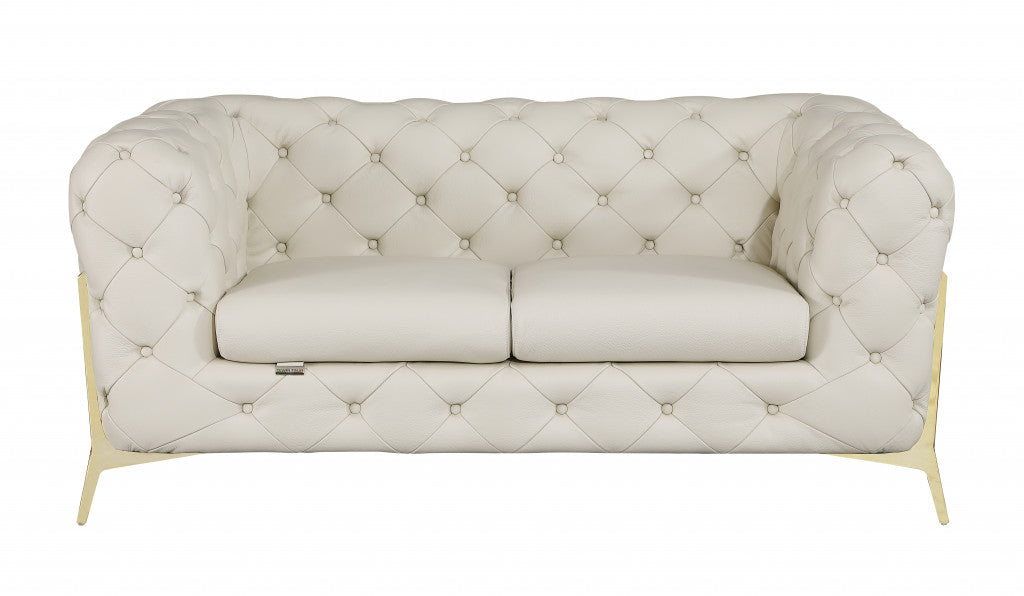 69" Beige All Over Tufted Italian and Gold Leather Love Seat