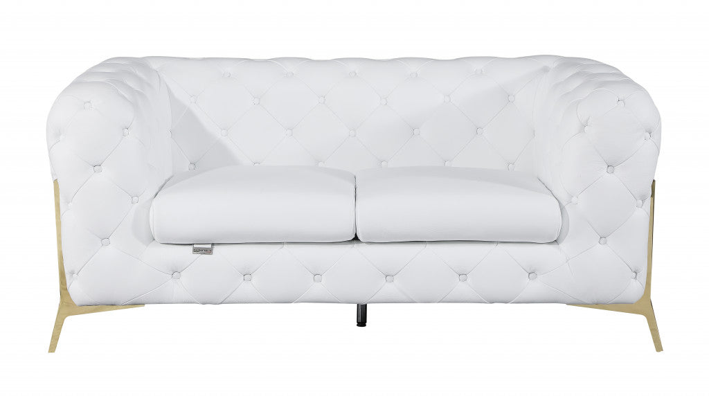 69" White All Over Tufted Italian and Gold Leather Love Seat