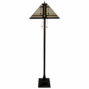 62" Brown Two Lights Traditional Shaped Floor Lamp With Brown And White Stained Glass Cone Shade