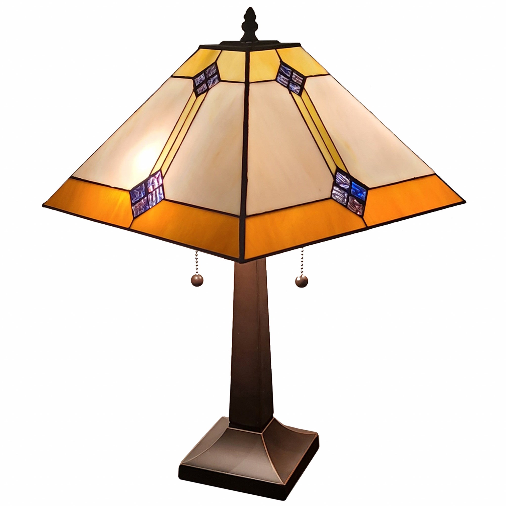 21" Amber Cream and Blue Stained Glass Two Light Mission Style Table Lamp