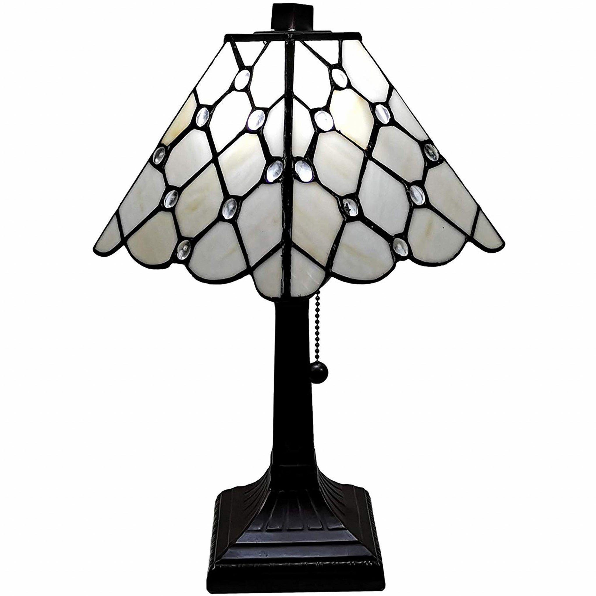 15" Tiffany Style White Stained Glass with Crystals Table Lamp