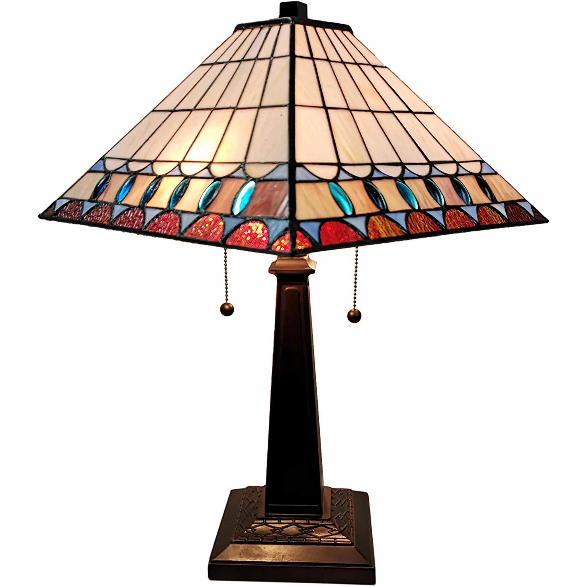 23" White Amber and Teal Stained Glass Two Light Mission Style Table Lamp