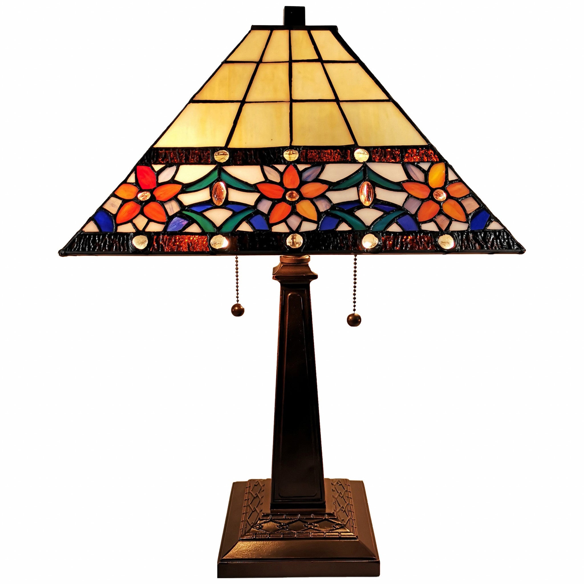 23" Stained Glass Two Light Mission Style Table Lamp with Floral Glass Shade