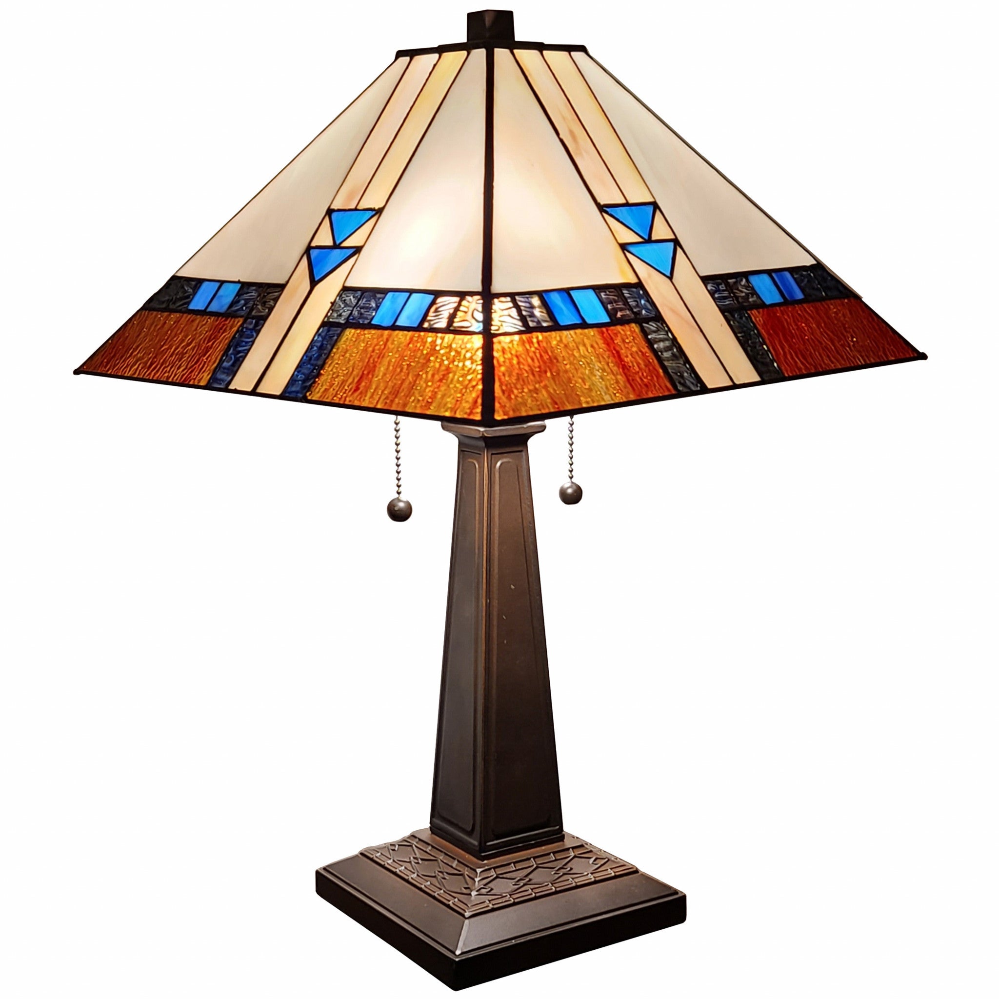 23" Cream Amber and Teal Arrow Stained Glass Two Light Mission Style Table Lamp