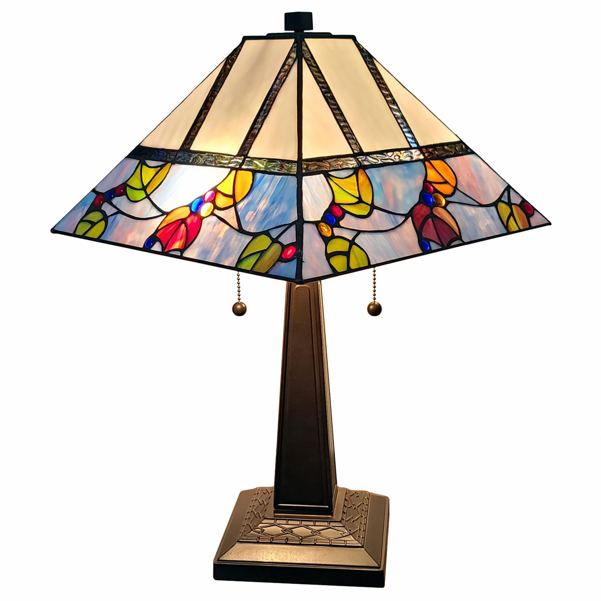 23" Cream and Blue Stained Glass Two Light Mission Style Table Lamp