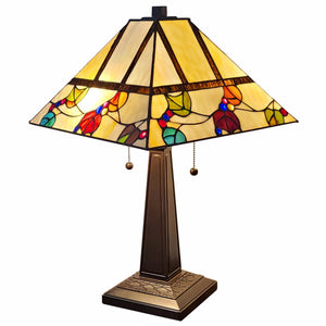 23" Cream and Jewel Stained Glass Two Light Mission Style Table Lamp