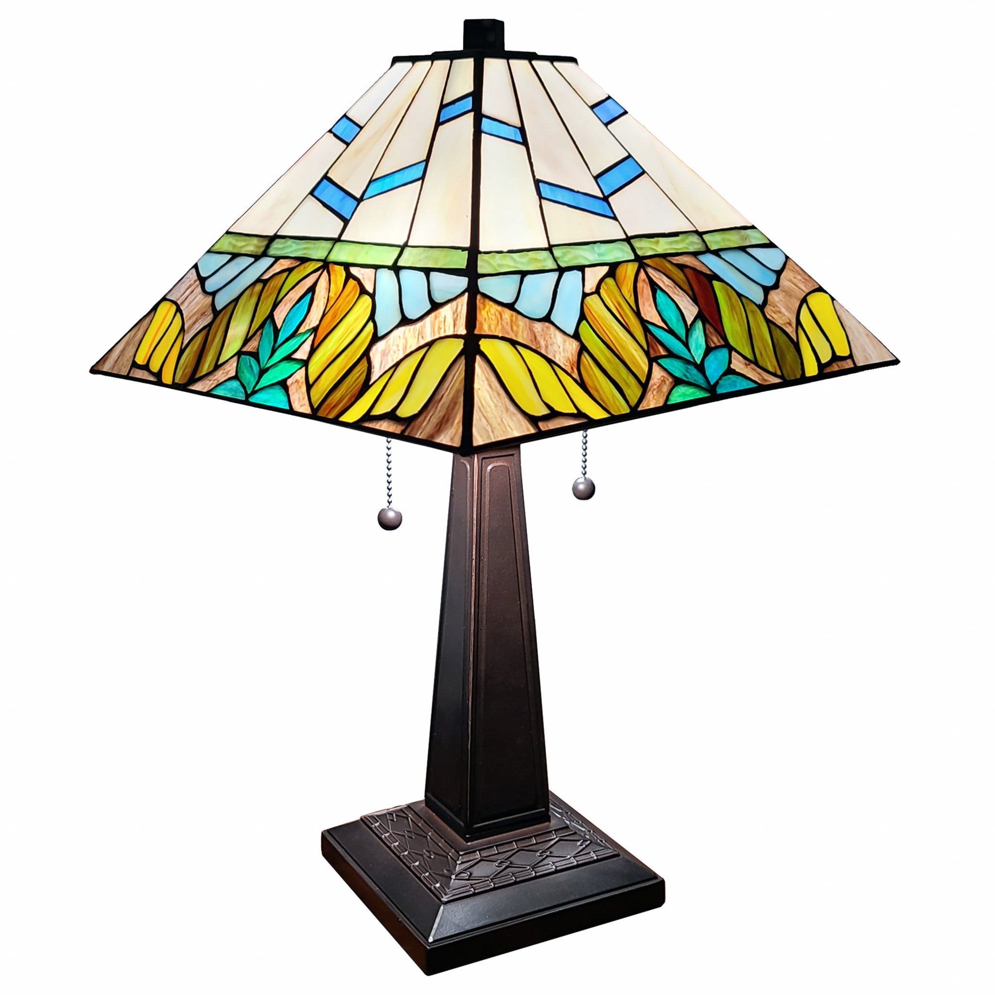 23" White and Aqua Stained Glass Two Light Mission Style Table Lamp