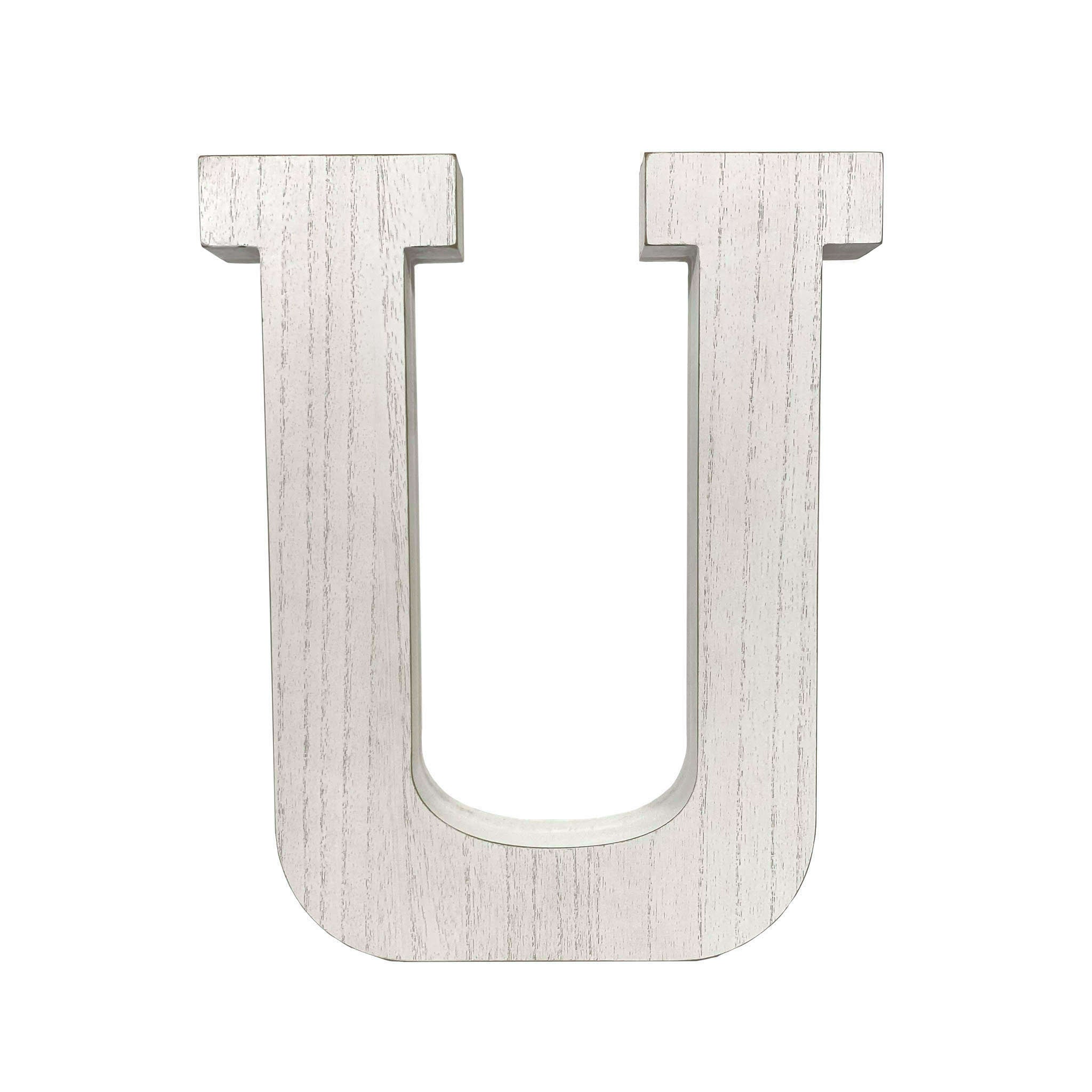 16" Distressed White Wash Wooden Initial Letter U Sculpture