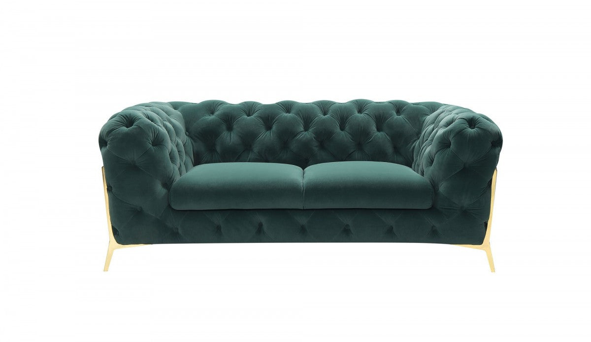 Glam 74" Green Velvet And Gold Loveseat