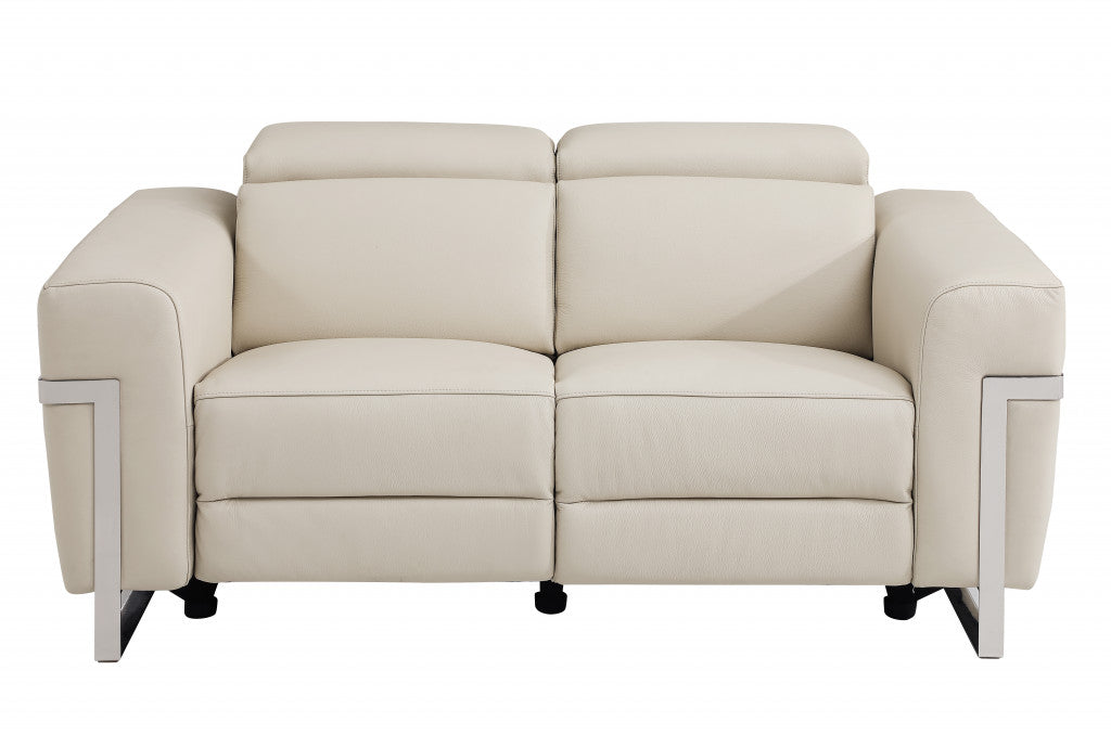 65" Beige Italian Leather and Stainless Reclining  Love Seat