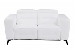 65" White and Chrome Italian Leather Reclining Love Seat