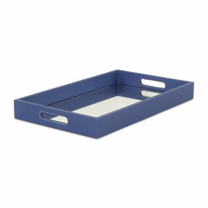 16" Navy Blue Rectangular Wood Handmade Tray With Handles