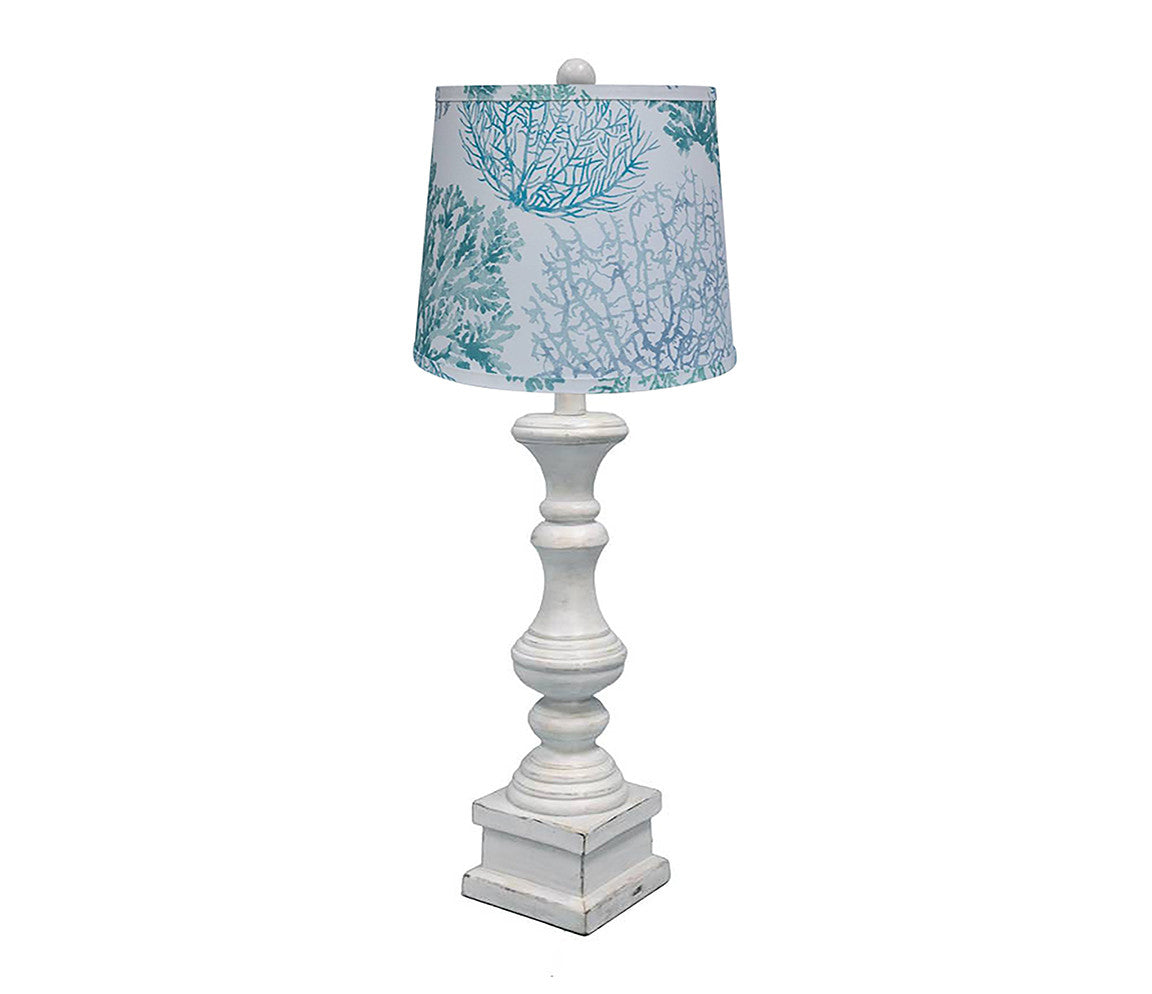 29" Antique White Candlestick Table Lamp With Aqua Coral Tapered Drum Shade