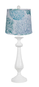 27" White Candlestick Table Lamp With Aqua Coral Shade