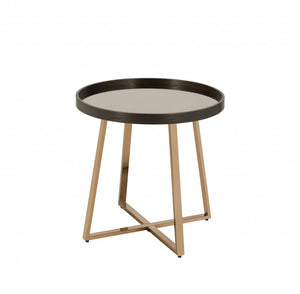 23" Champagne Walnut  And Mirrored Metal Round End Table