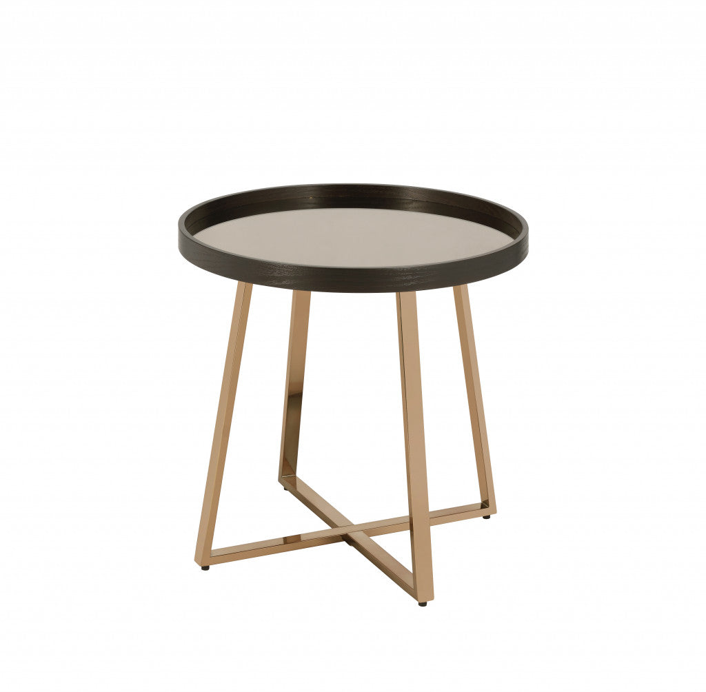 23" Champagne Walnut  And Mirrored Metal Round End Table