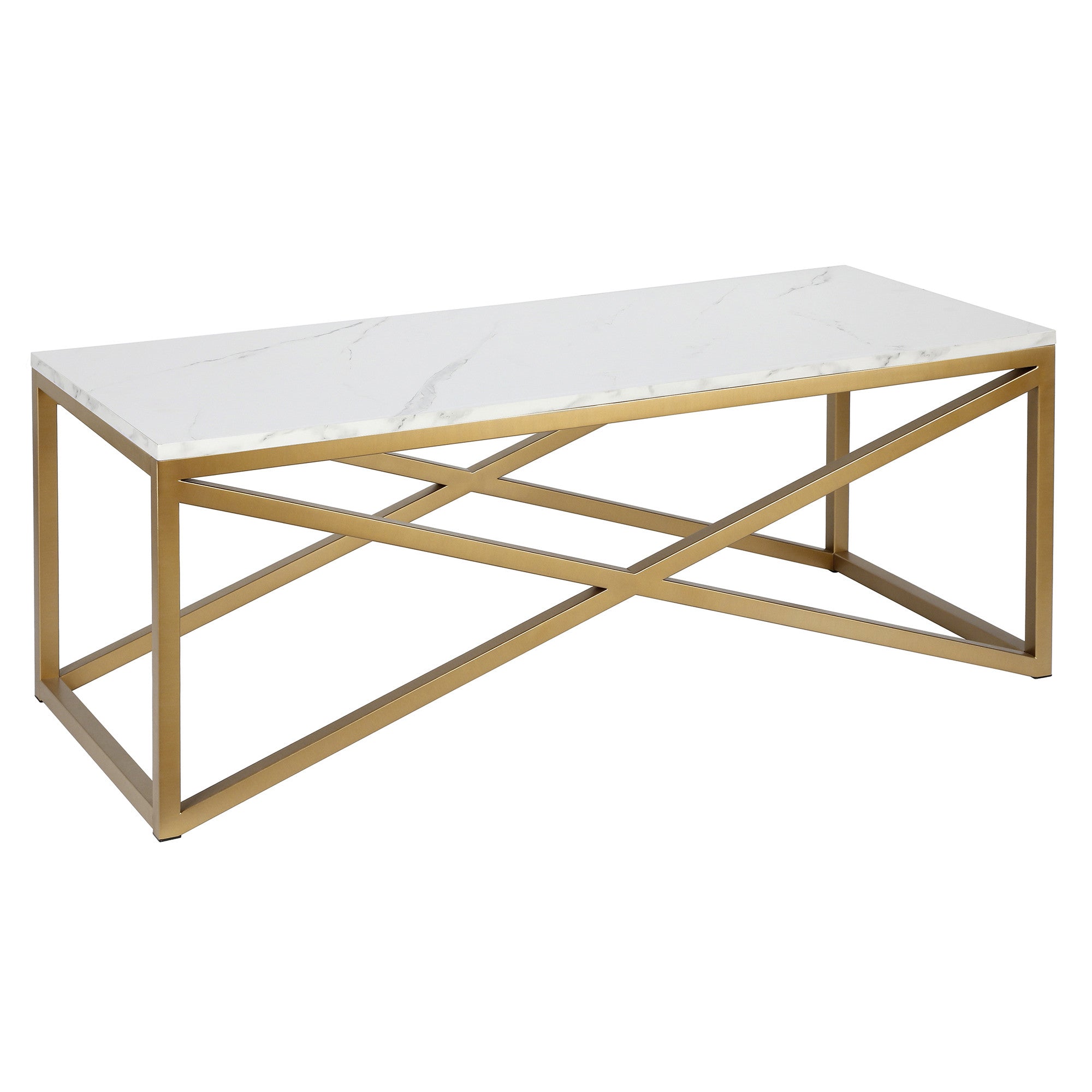 46" Gold and White Faux Marble Rectangular Coffee Table