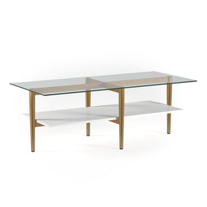 47" Gold Glass and White Rectangular Coffee Table With Shelf