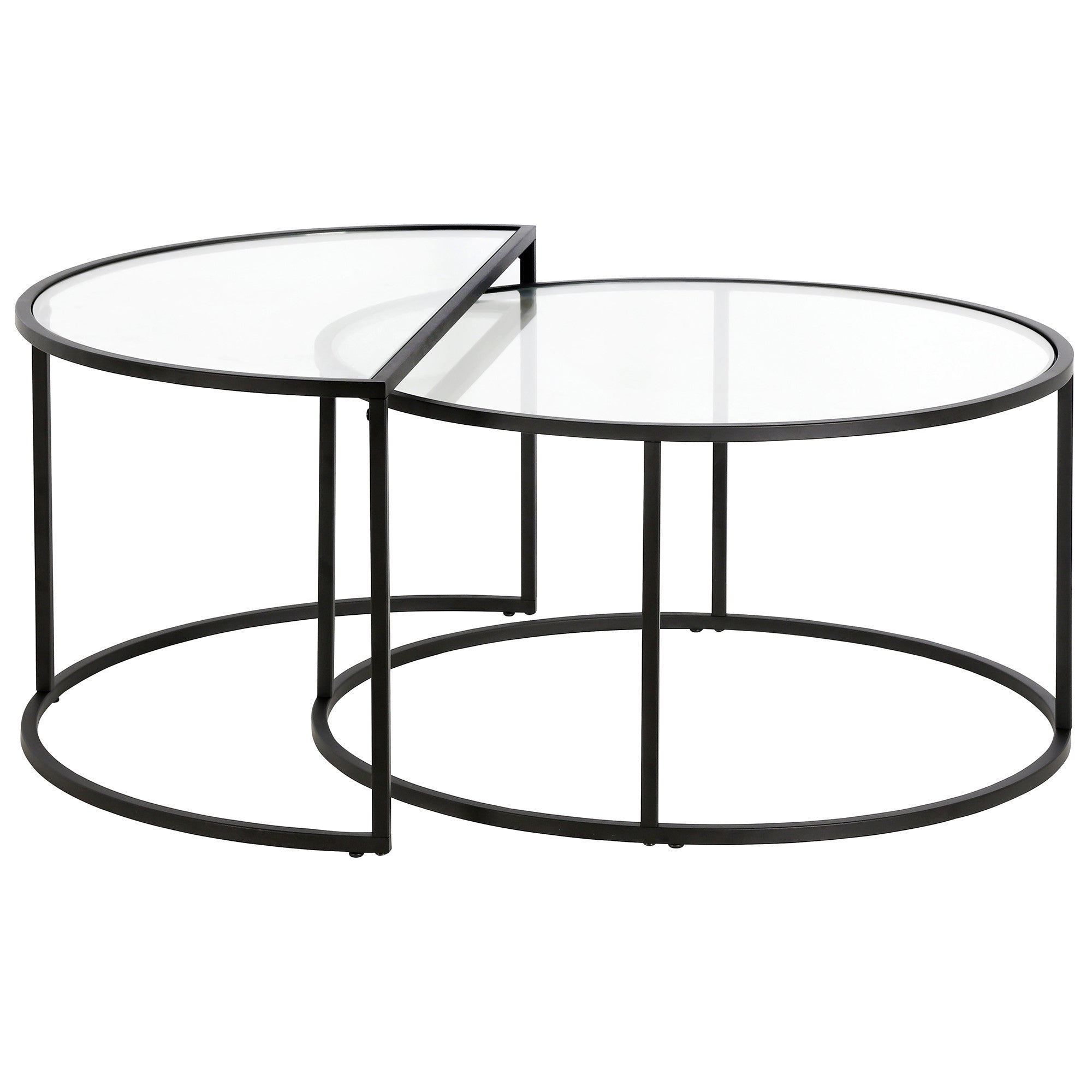 Set Of Two 33" Black Glass Half-Circle Nested Coffee Tables