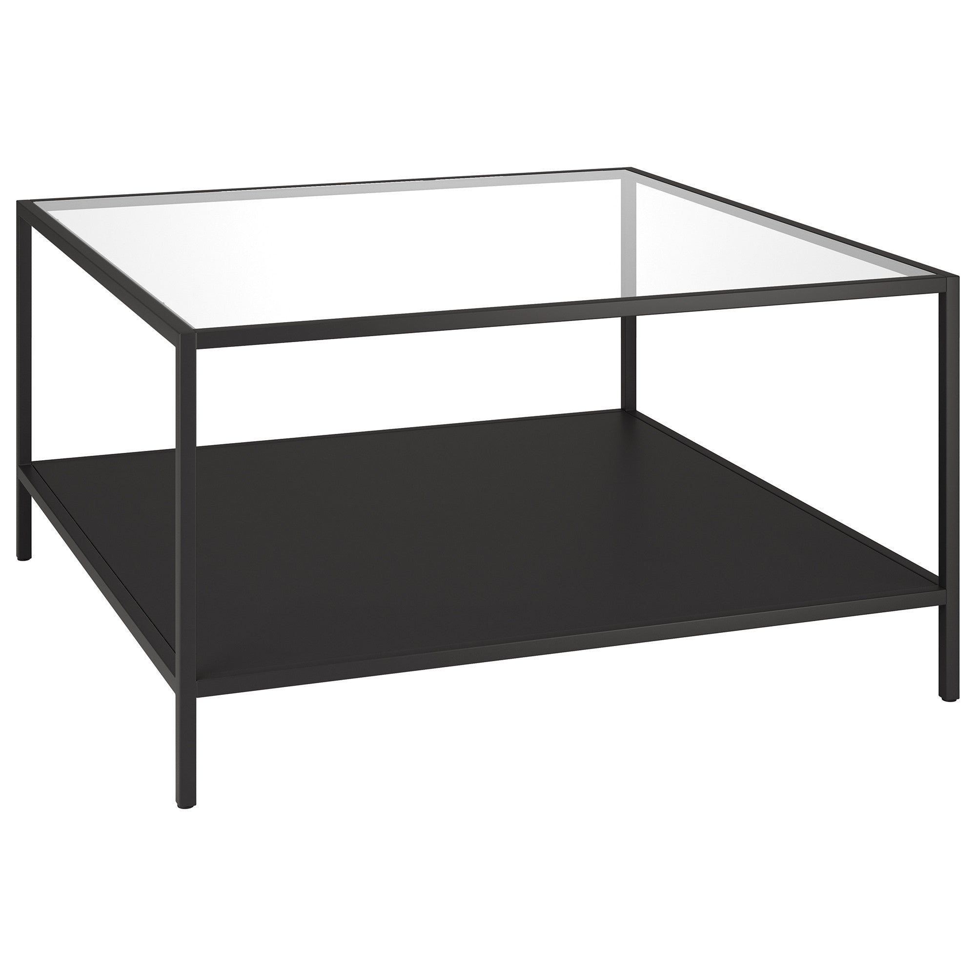 32" Black Glass Square Coffee Table With Shelf