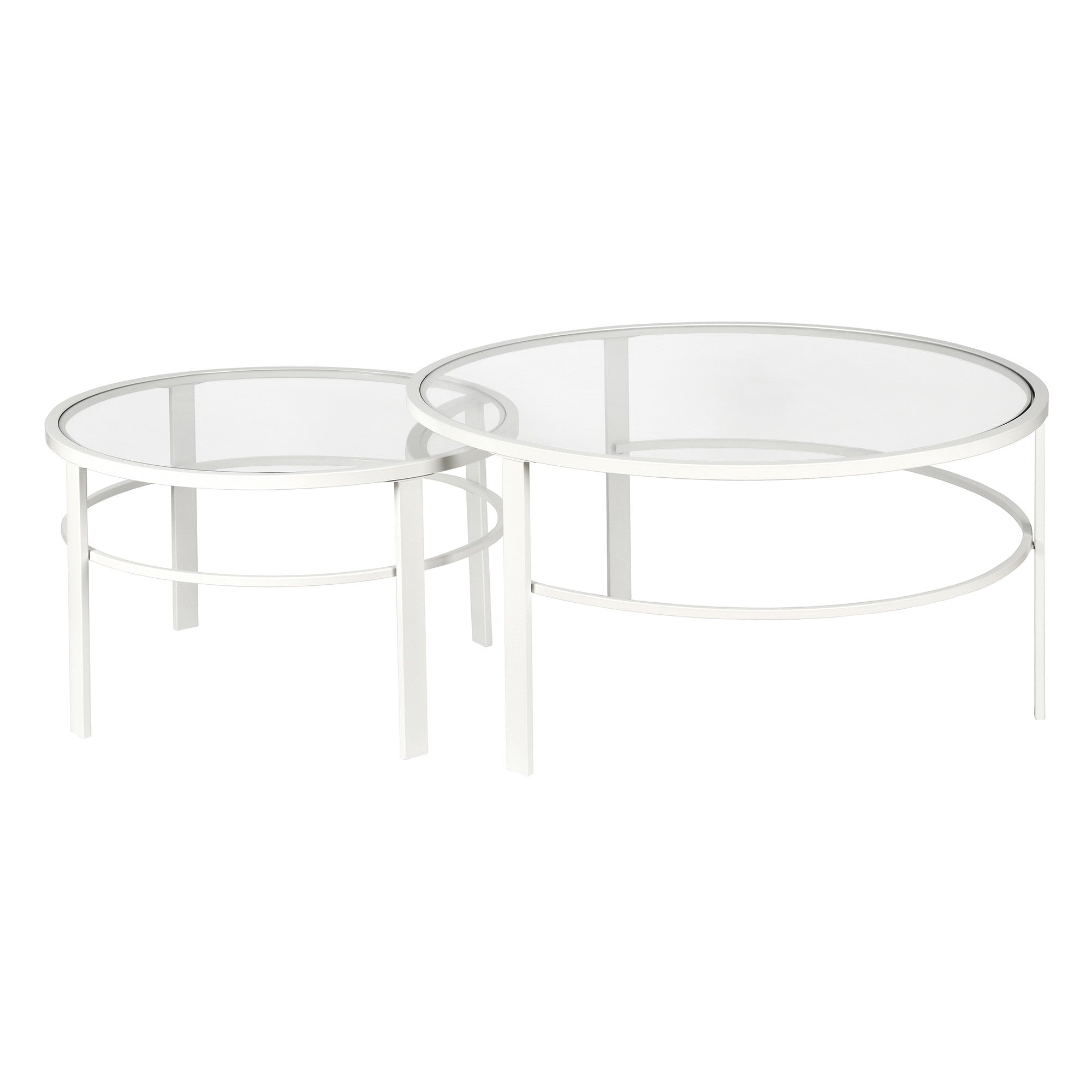 Set Of Two 36" White Glass Round Nested Coffee Tables