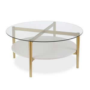 36" Gold Glass Round Coffee Table With Shelf