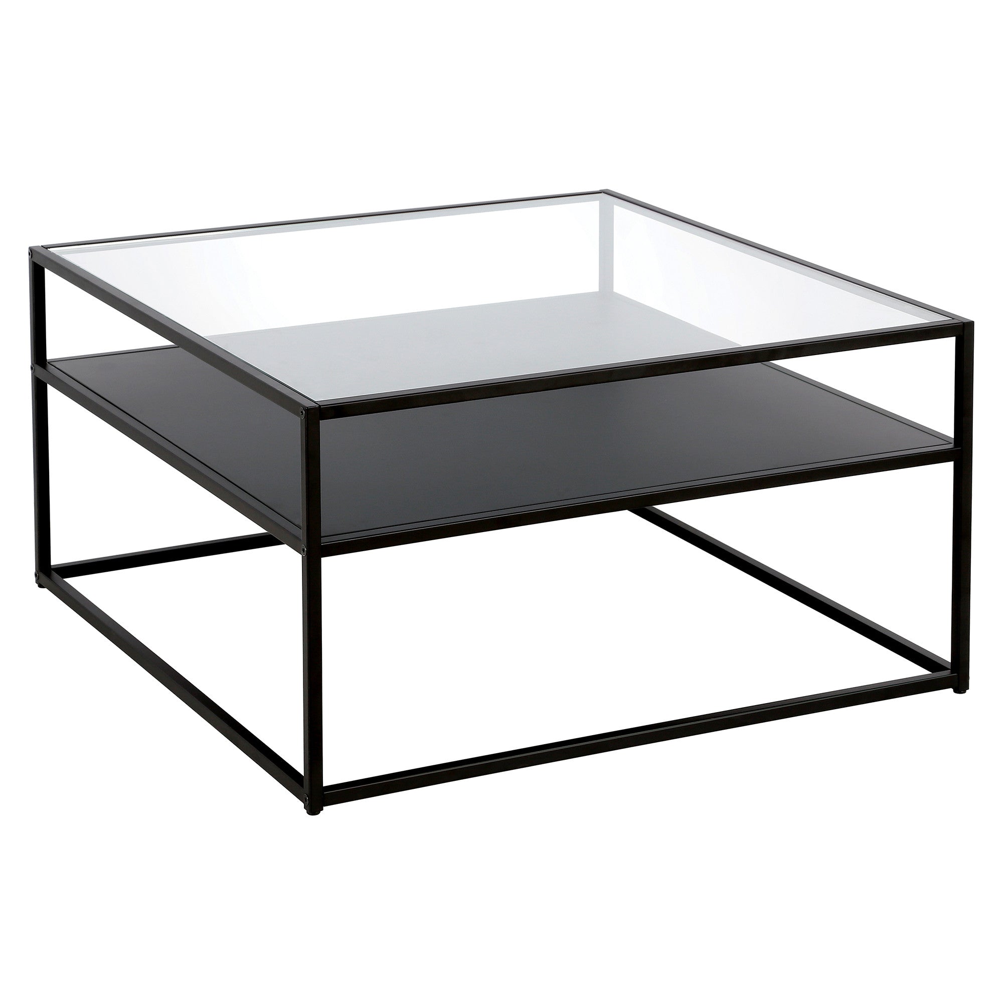 32" Black Glass Square Coffee Table With Shelf