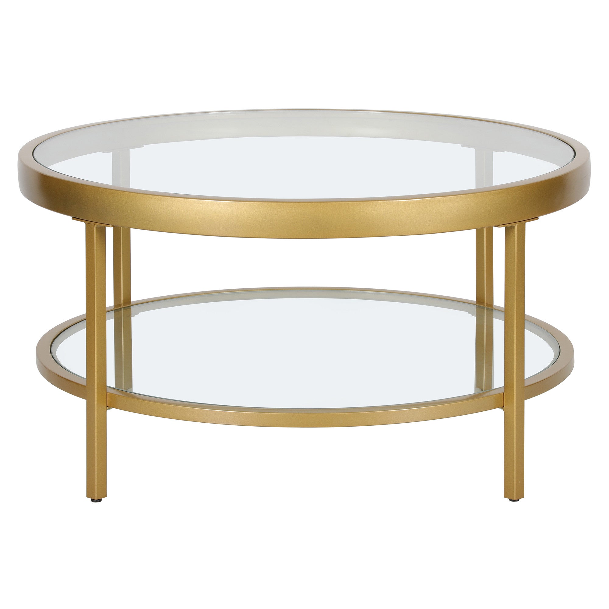 32" Gold Glass Round Coffee Table With Shelf