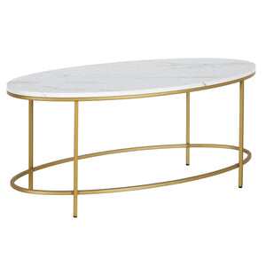 42" Gold And White Faux Marble Oval Coffee Table