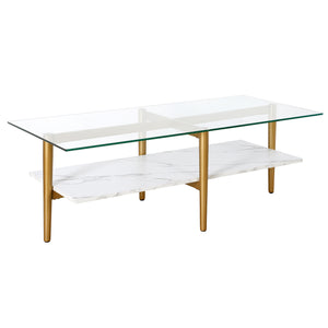 47" Gold And White Glass Rectangular Coffee Table With Shelf