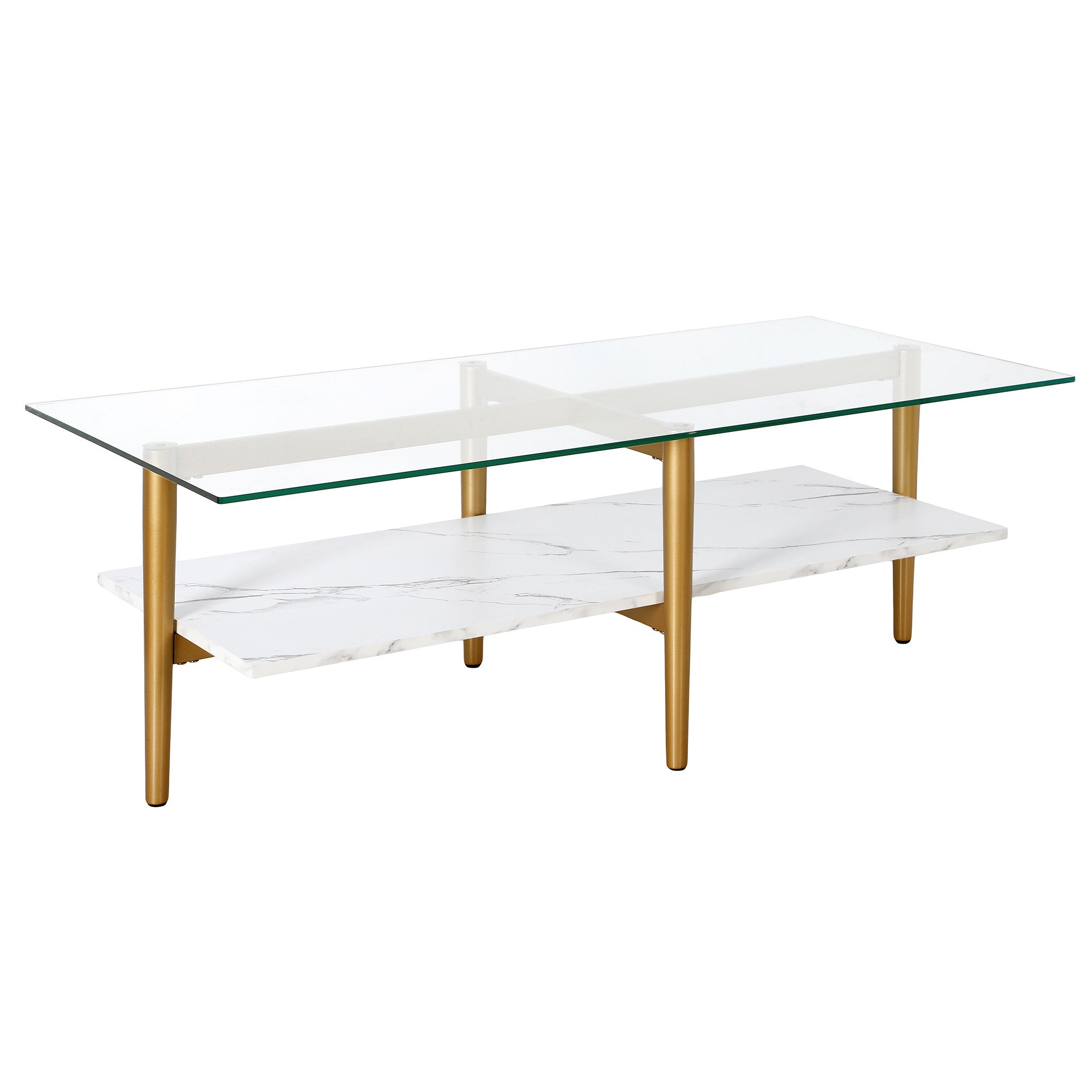 47" Gold And White Glass Rectangular Coffee Table With Shelf