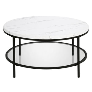 36" Black Faux Marble Round Coffee Table With Shelf