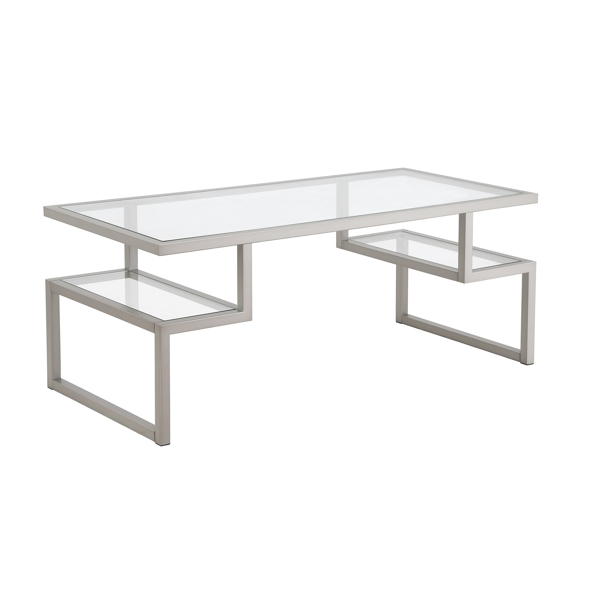 45" Silver Glass Rectangular Coffee Table With Two Shelves