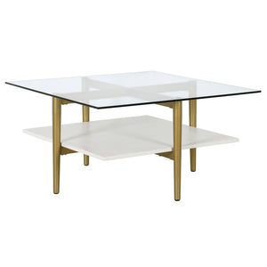 32" Gold And White Glass Square Coffee Table With Shelf