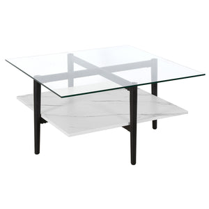 32" Black And White Glass Square Coffee Table With Shelf