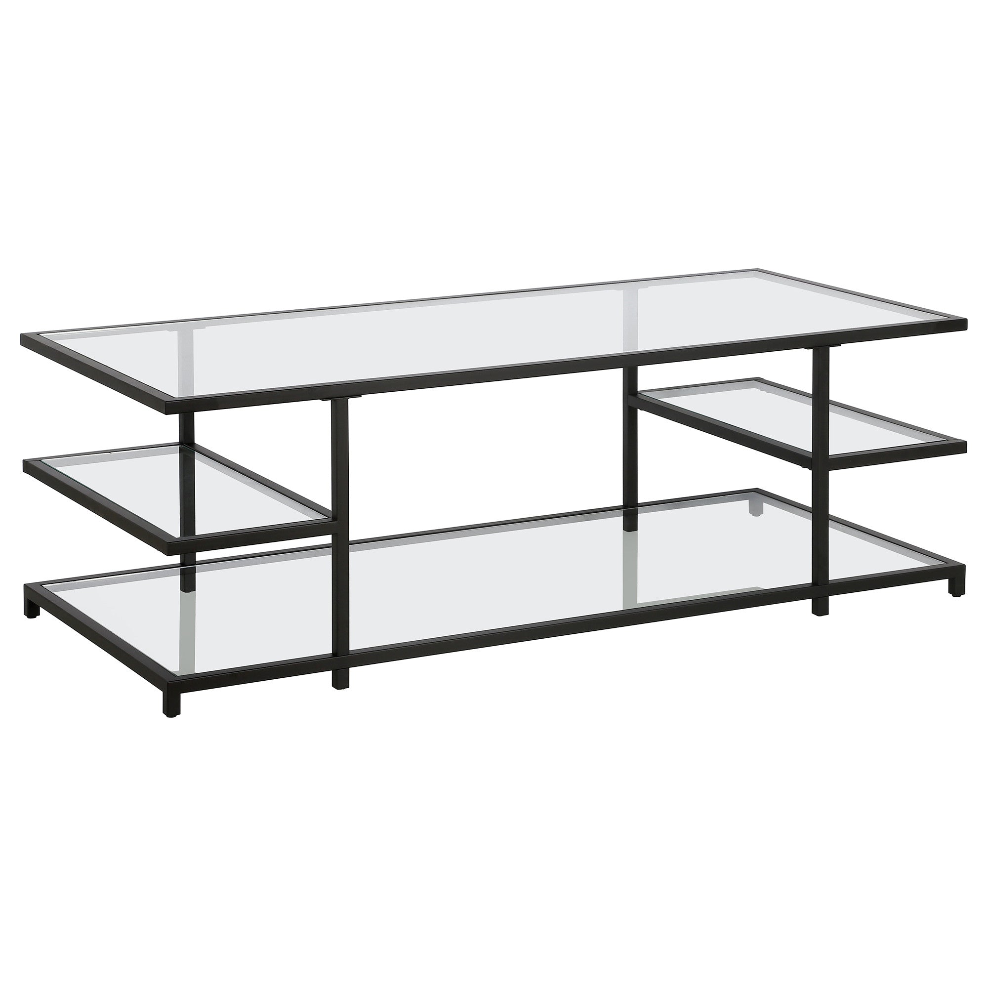 54" Black Glass Rectangular Coffee Table With Three Shelves