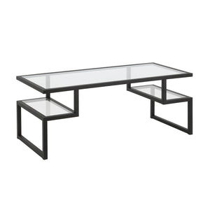 45" Black Glass Rectangular Coffee Table With Two Shelves