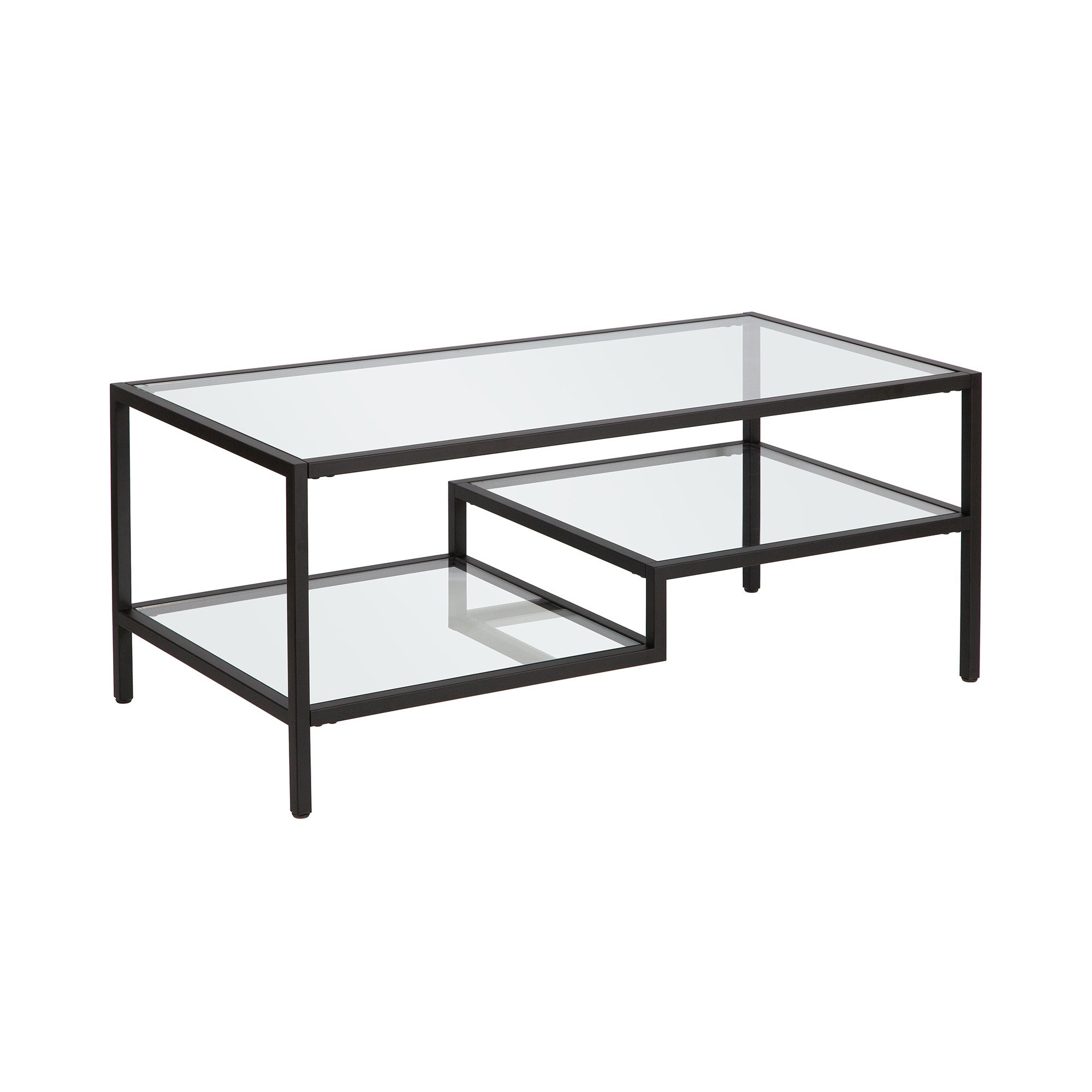 45" Black Glass Rectangular Coffee Table With Two Shelves