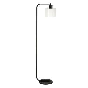 57" Black Arched Floor Lamp With White Frosted Glass Drum Shade