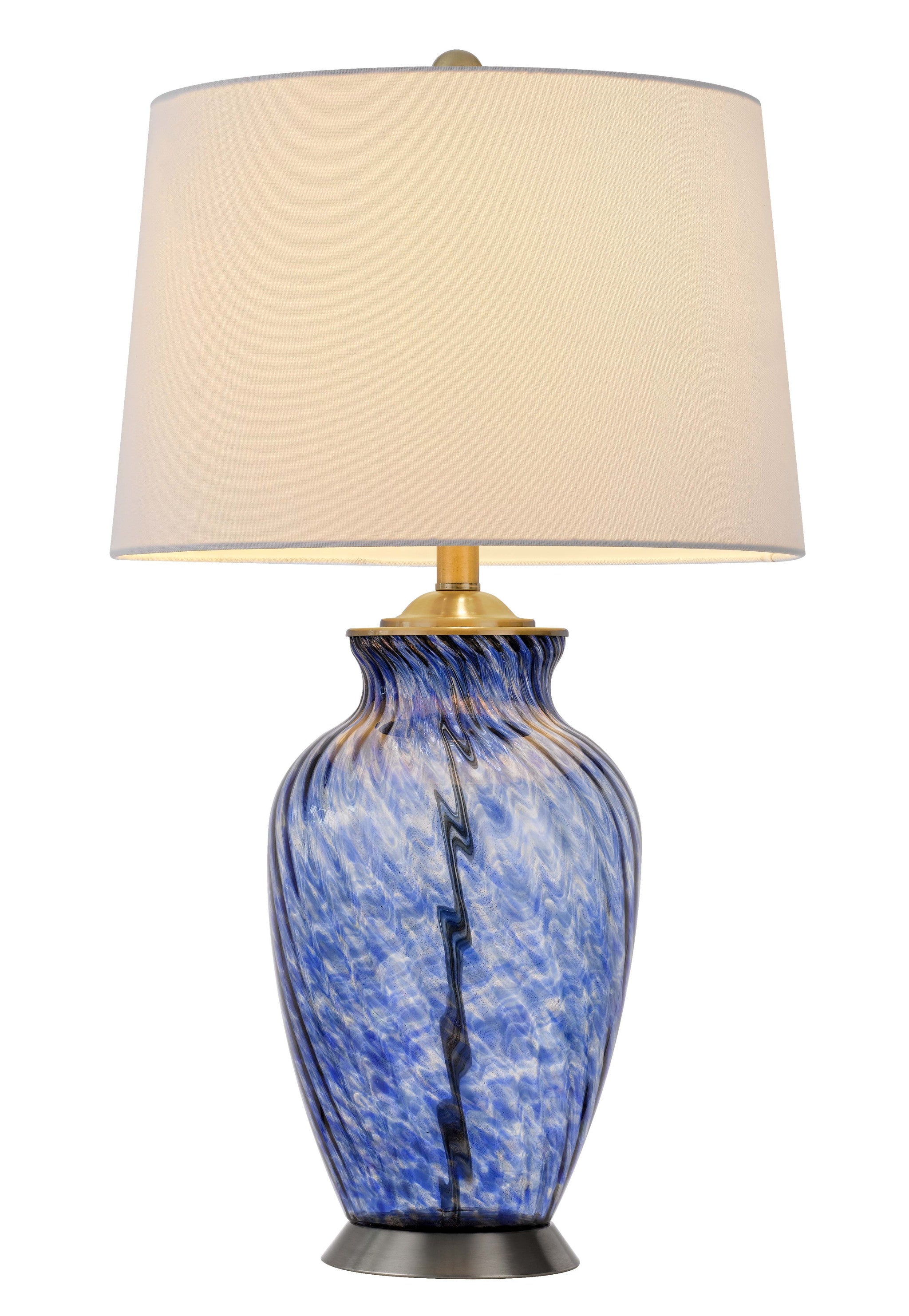 28" Blue Swirl Glass Table Lamp With White Empire Shade