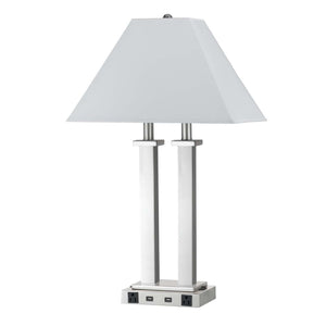 26" Nickel Metal Two Light Desk Usb Table Lamp With White Novelty Shade