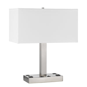 21" Nickel Metal Two Light Desk Usb Table Lamp With White Rectangular Shade