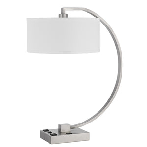 26" Nickel Metal Desk Usb Table Lamp With White Rectangular Shade