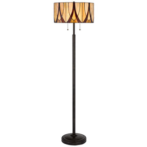 60" Bronze Two Light Traditional Shaped Floor Lamp With Red And Ivory Abstract Tiffany Glass Drum Shade