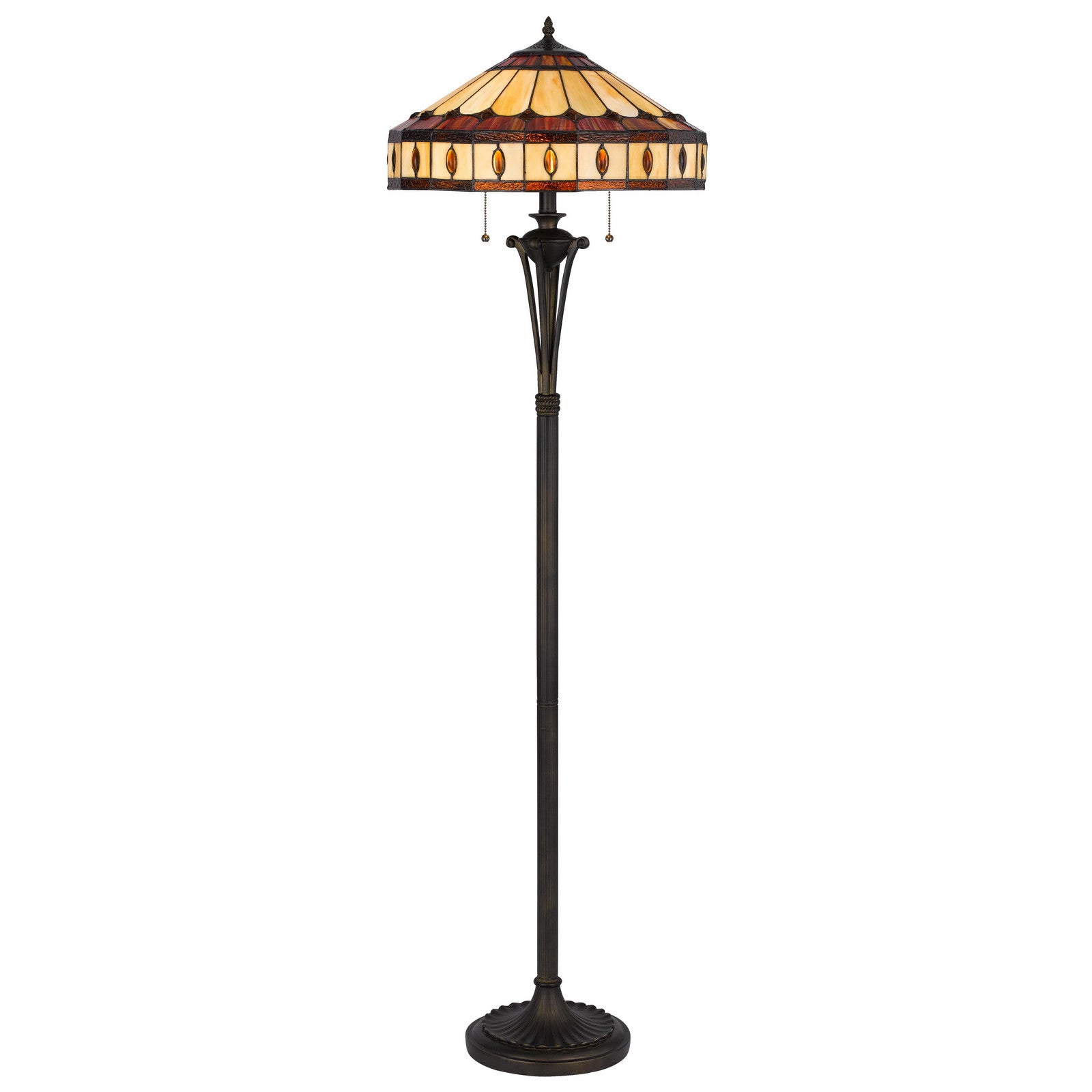 61" Bronze Two Light Traditional Shaped Floor Lamp With Purple And Ivory Abstract Tiffany Glass Empire Shade