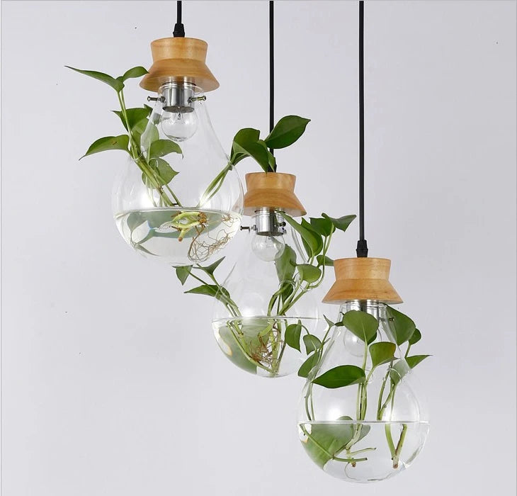 Modern Plant Pendant Light - Wood & Glass Bottle Decor for Restaurant, Bar, Cafe - E27 Hang Lamp