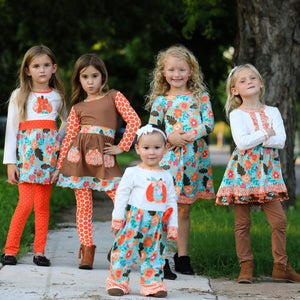 AnnLoren Girls Holiday Orange Pumpkin Patch Autumn Thanksgiving Dress & Leggings-7