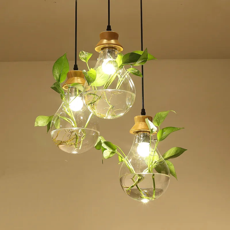 Modern Plant Pendant Light - Wood & Glass Bottle Decor for Restaurant, Bar, Cafe - E27 Hang Lamp